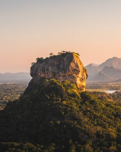 Landscape with Sigiriya rock at sunset in Sri Lanka